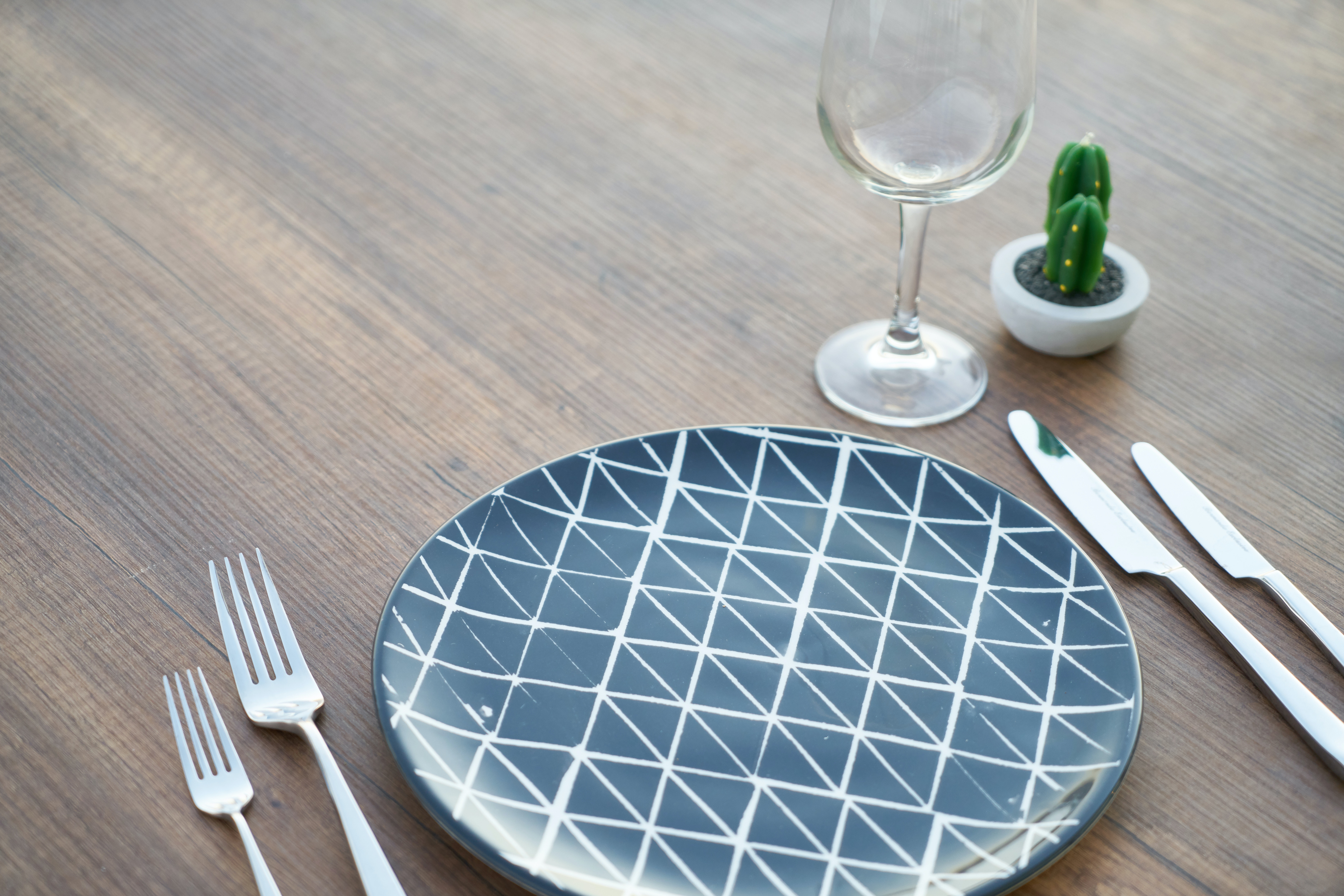 Portada, plato con 4 tenedores y un vaso de cristal con un cactus al lado, fondo de madera