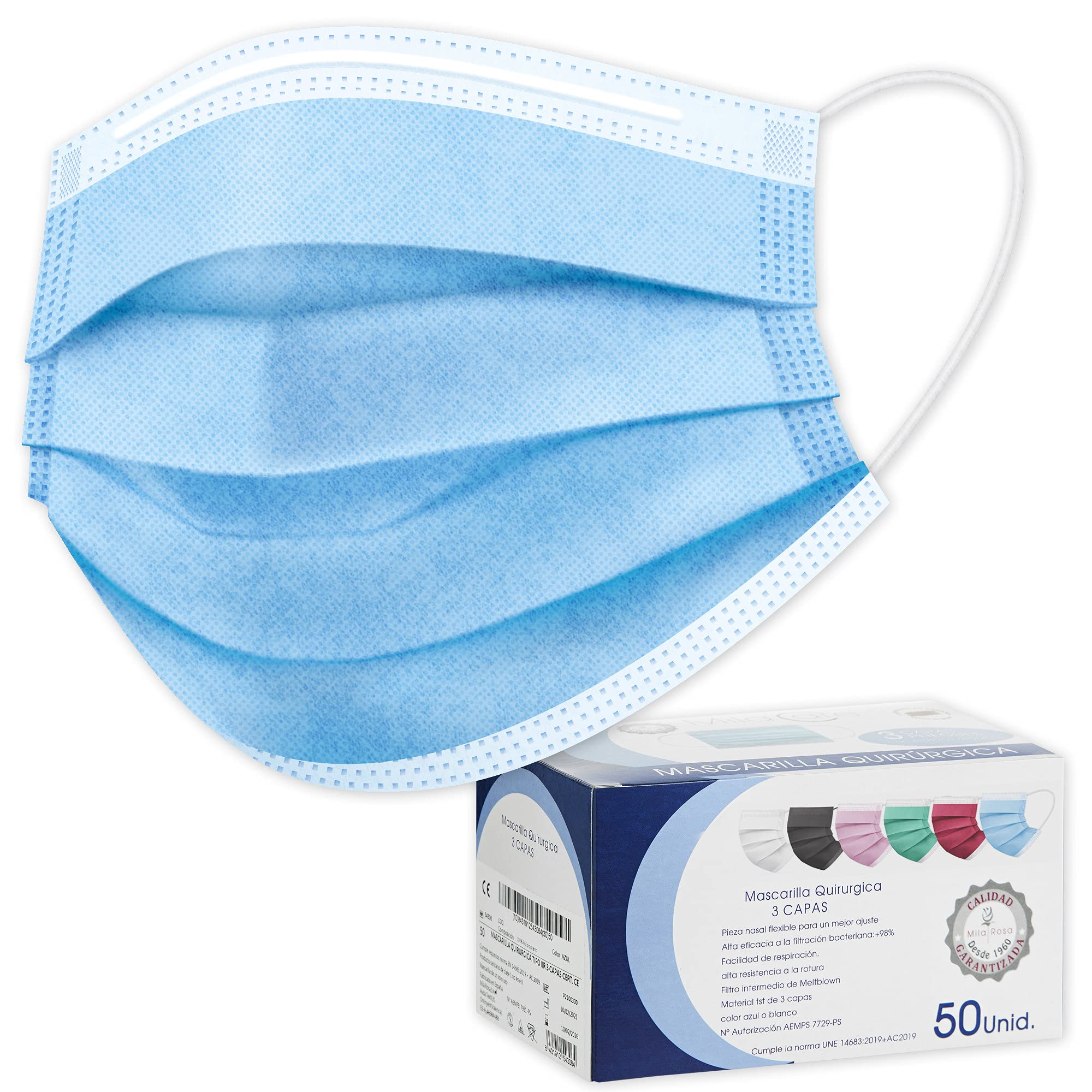 Caja mascarilla quirurgica 3 de capas Azul/Blanca 50 UDS.